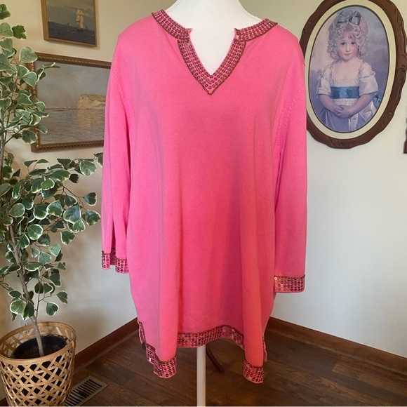 Quacker Factory • Pink Sequin Embellished 3/4 Sleeve Sweater • NWOT • Size 1x - Picture 1 of 8